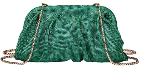 YUEZHAN Abendtasche Damen Clutch Mode Strass Abend Tasche Plissee Lady Geldbörse Hochzeit Party Clutch Handtasche Damen Kette Cocktail Cross Body Schulter Tasche Grün