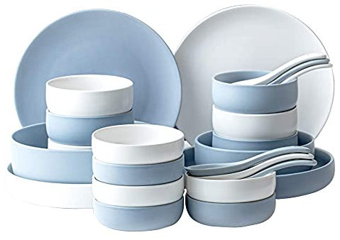 HONGZOO Ensembles de Table, Assiettes/Bols, Service de Table 16 pièces, Ensemble de Vaisselle Blanc et Bleu, Style Nordique