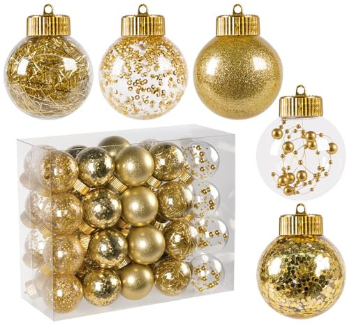Anstore 40 Stück Weihnachtskugeln, Gold Christbaumkugeln ∅ 6cm, Christbaumschmuck enthalten Pailletten, Glänzendes Pulver, Bänder, Perlen, Weihnachtsdeko für Feiertage und Partydekoration