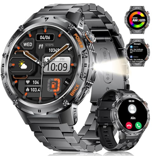LIGE Smartwatch Herren mit Taschenlampe, 1,43'' AMOLED Smart Watches mit Blutdruckmessung, 530mAh Akku Outdoor Smart Watch mit Telefonfunktion/120+ Sportmodi/Schlafmonitor/Herzfrequenz, Android iOS