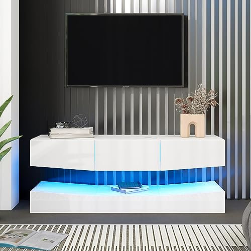 Merax Meuble TV brillant avec éclairage LED et 3 tiroirs - Meuble TV suspendu - Pour téléviseurs de 80 - Blanc - 180 x 40 x 40 cm