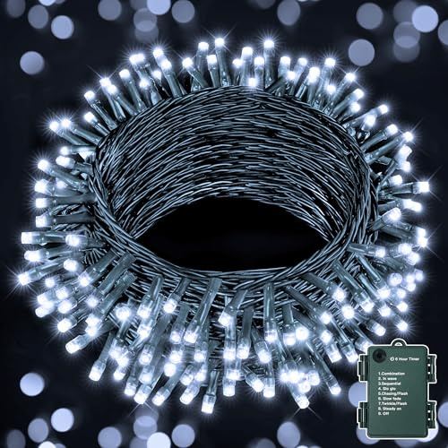 Hopexy Fairy Lights Battery Operated, 15m 150 LEDs Christmas Tree Lights, Waterproof Cool White Christmas Lights Battery Powered with 8 Modes/Indoor/Outside Lights for Garden Wedding Xmas Decorations
