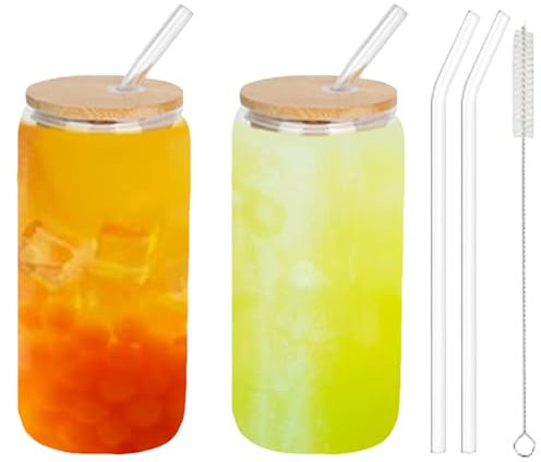 Aliangting 2 Pcs Glasses with Lids and Straws, 16.9 oz Beer Can Shape Glass, Iced Coffee Glasses for Cocktails, Soft Drinks, Juices, Tea and Water, Home Party Bar Gift Set