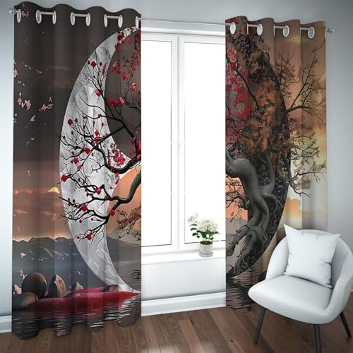 TOANGWALL Asia Style Verdunkelungsvorhänge Japanisches Yin Yang Tai Chi Thema Bunte Baum Pflanze Landschaft Muster Fenster Vorhänge für Cafe 2 Paneele B117xH160cm