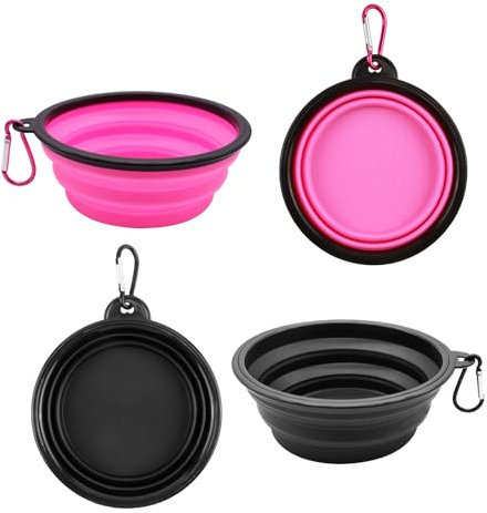 2 Bols Repliables Gamelles de Voyage pour Chien et Chat, Gamelles de Voyage Anti Fuites en Silicone, avec Mousquetons, Idéal pour Nourriture et Eau, 350 ML, Rose et Noir