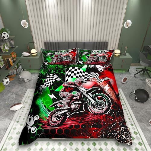 Homemissing Dirt Bike Bettwäsche Set 135x200cm Kinder Mode Motorrad Car Bettbezug Jungen Extreme Sports Betten Rennen Themen Bettwäsche-Set Cool Motocross Schlafzimmer Dekor