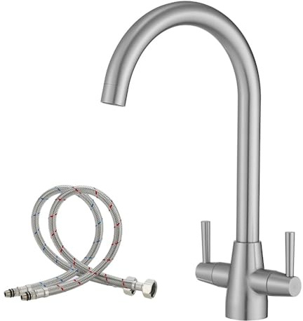 Haiba Kitchen Mixer Tap Dual Lever Swivel Spout Monobloc Grey Sink Taps with UK Standard Fittings