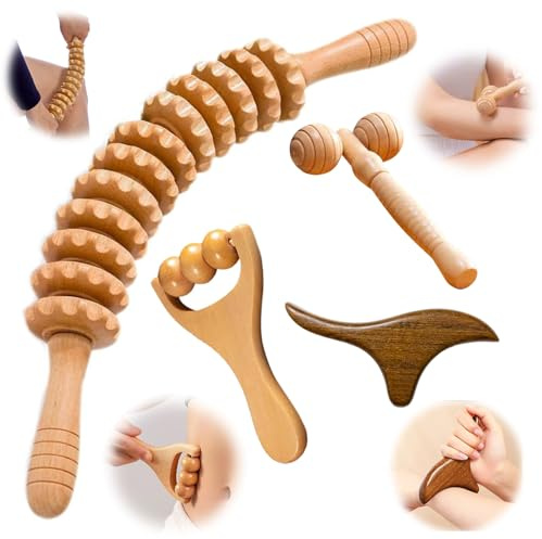 GYHWOFUL Faszienstab Set 4 Stück – Massageroller mit 12 Rollen & Gua Sha Massagebrett, Faszien Massage & Lymphdrainage für Nacken, Rücken, Beine & Füße, Entspannung für Zuhause, Büro & Reisen