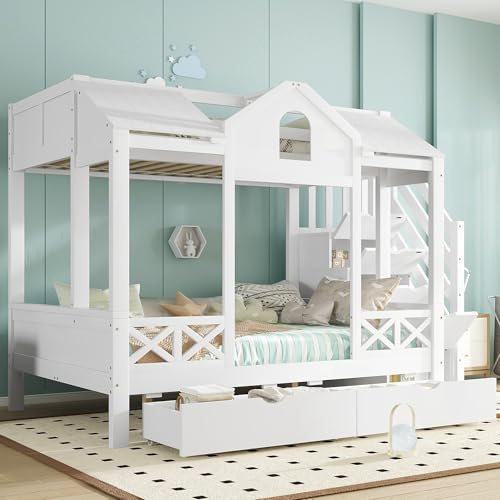 Generisch Etagenbett 90x200 cm & 140x200cm, Bett mit Zwei Schubladen, Stockbett mit Fenster und Dach, Holzbett mit Treppenhausschrank, Bett für Jugendliche (Ohne Matratze) Weiß