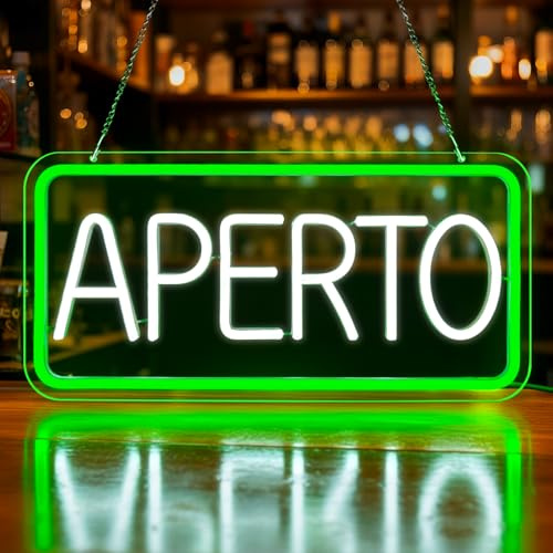 Lxmoneon Insegne luminose APERTO, USB Insegna al Neon Aperta per Negozio, Luce al neon a LED verde bianco per Bar, Ristoranti, Supermercato, Caffetteria, Cartello aperto appendere alla porta/finestra