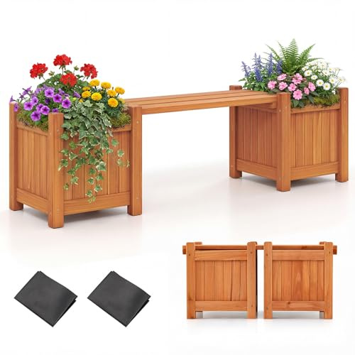 COSTWAY 3-in-1 Wooden Planter with Bench, Raised Garden Bed with Seat and Open-ended Bottom, Teak Oil Finish Outdoor Bench with 2 Flower Box for Patio Backyard Balcony (Orange, 105 x 26 x 30cm)