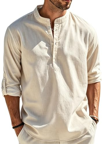 Cegerne Camicia Lino Uomo Maniche Lunghe Estiva Leggera Traspirante Henley Casual Maglietta Casacca Vacanze Spiaggia, Beige, 3XL