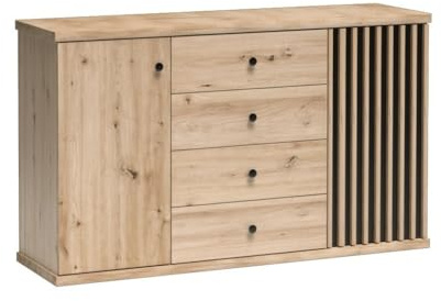 Masseno Kommode ALMERIA 142,1 cm Sideboard mit 4 Schubladen und 1 Türen für Wohnzimmer Schlafzimmer Modern 142,1x40,6x85,4 cm Eiche Artisan