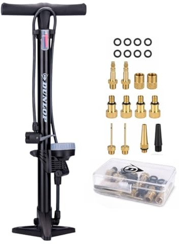 Dunlop Fahrradpumpe mit Manometer und Ventil Adapter Set - Standpumpe 180 PSI - Für Presta Dunlop Schrader Ventil - Adapter für Fahrrad Auto Ball - Inkl. Aufbewahrungsbox