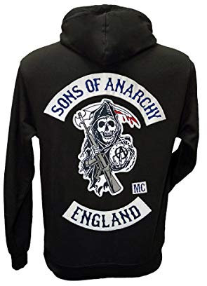 Digital Pharaoh Sons of Anarchist SOA Samcro England Charter Gestickte Abzeichen Kapuze (S-2XL) Voll Bildschirm Präzise Flicken Redwood Original Jax Teller Reaper Mc Schliff - Schwarz, L