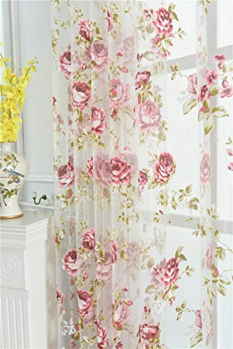 Kolachic Durchsichtiger Voile-Vorhang mit Stangentaschen, Rosenmuster, rosa Blume, Tüll, transparent, Fensterbehandlung für Wohnzimmer, Schlafzimmer, Glastür, je 137 x 244 cm, 1 Set mit 2 Paneelen