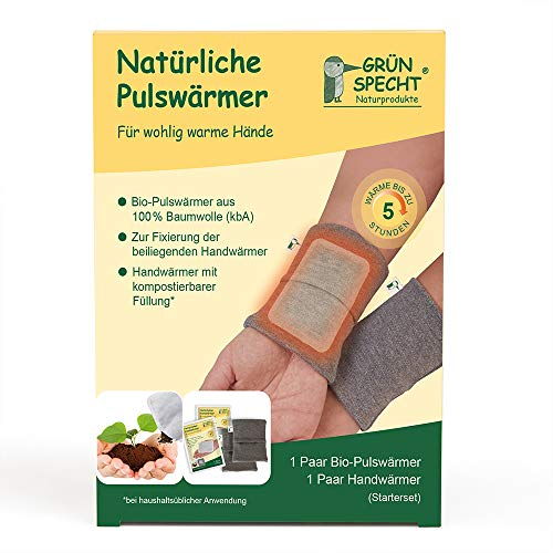 GRÜNSPECHT Natürliche Pulswärmer, 100% Baumwolle (kbA), inkl. 1 Paar Handwärmer, warme Hände unterwegs, Wärmepflaster, Universalgröße, grau, 1 Paar (145-V2)