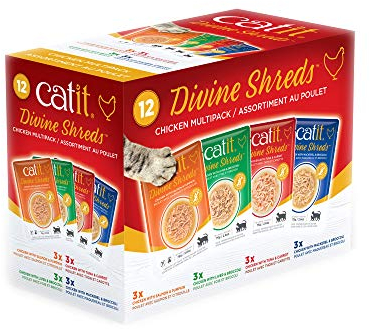 Catit Divine Shreds, Premium Katzenfutter, Trockenfuttertopping, Topping für Trockenfutter, Multipack mit Hühnerfleisch, mit 4 verschiedenen Geschmacksrichtungen, 12 x 75g