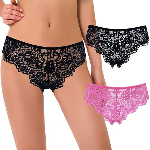 Curve Muse Femmes Tanga Strings Hipsters sous-vêtements Dentelle Florale Culottes-Lot de 2-Rose Chaud,Noir-M