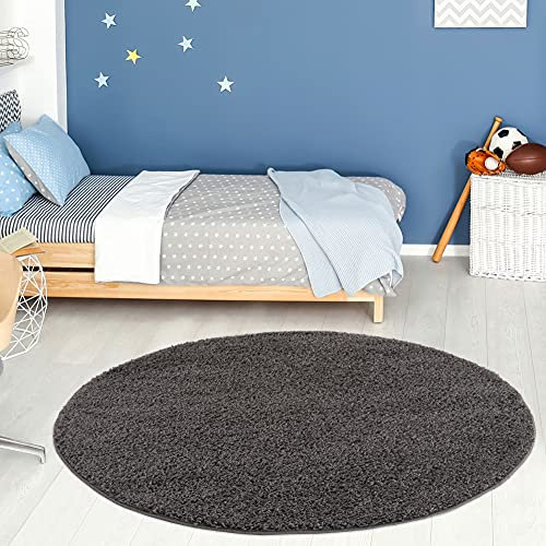 THE RUGS Living Room Rug - Shaggy Soft And Elegant Carpets For The Bedrooms And Kitchen, Easy To Clean, Many Different Sizes (120 cm Round, Dark Grey)