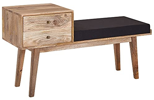 FineBuy Sitzbank Stoff/Massivholz Bank 120x65x40 cm im Retro Stil, Flur Polsterbank mit Stauraum, Gepolsterte Stoffbank Aufbewahrung Schwarz, Kleine Bettbank Flurbank
