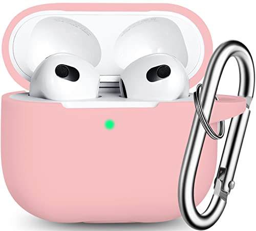 R-fun Compatible with Airpods 3 Generation Case Cover with Keychain, Full Protective Silicone Skin Accessories for Women for Men, Front LED Visible,Sand Pink