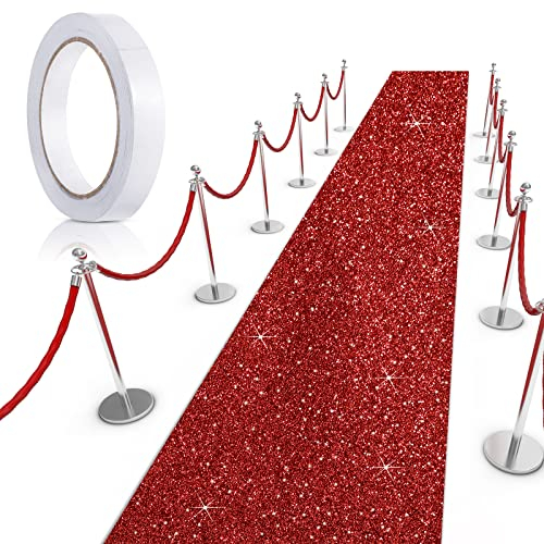 Tatuo 75 cm x 9,14 m Roter Teppich Läufer Hochzeit Teppich VIP Eventteppich mit Teppich Klebeband 55 GSM Dicke Flur Teppich für Weihnachten Verlobung Innen Draußen Kirche Deko (Glitzer Rot)