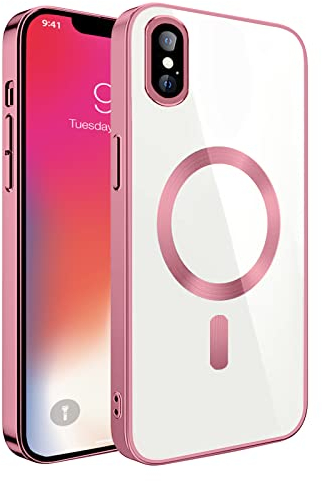S. Dawezo Klare Magnetische Hülle für iPhone X/XS, kompatibel mit MagSafe Kabelloses Laden, Militärnorm Schutz, Kratzfest, Stoßfest, Schlanke Transparente Silikonhülle für iPhone X/XS Hülle, Rosa