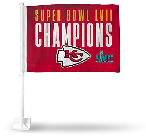 Rico Industries NFL Football Kansas City Chiefs 2023 Super Bowl Champions doppelseitige Autofahne – 40,6 x 48,3 cm – starke Stange, die an Auto/LKW/Auto befestigt wird