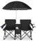 COSTWAY Double Camping Chair, Portable Folding Loveseat with Umbrella, Ice Bag, Cup Holder & Carrying Bag, Outdoor Garden Seaside Fishing Picnic Leisure Lover Chairs Set (Black)