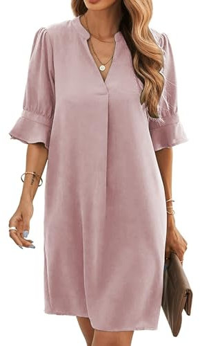 Famulily Robe chemise élégante et décontractée, pour femmes, avec col en V, manches mi-longues, couleur unie, tailles S à XXL, Rose, M