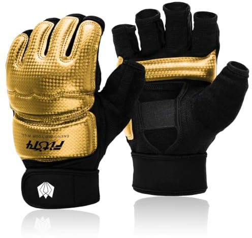 FitsT4 Sports Mezzi guanti da allenamento MMA UFC sacco da boxe kickboxing, sparring, grappling, arti marziali, muay thai, taekwondo, guanti di supporto per donne, uomini, bambini, oro, XS