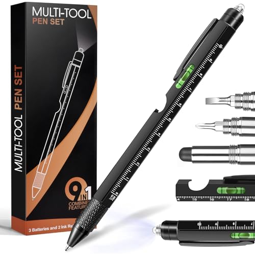 Tukeoo Idee Cadeau Homme Stylo Multifonction 9 en 1,Cadeau Noel Original,Gadget Insolite Utile Stylo Cadeau Personnalisé pour Cadeau anniversaire,Cadeau Papa, Cadeau Fetes des Peres
