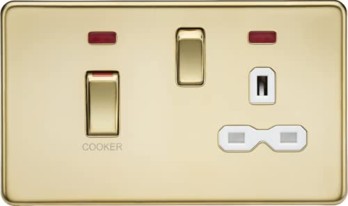 Knightsbridge 45A DP switch and 13A switched socket with neons - polished brass with white insert - SFR83MNPBW