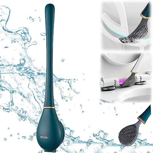 Flexible Toilettenbürste aus Silikon, Klobürste Silikon mit Flachem und Biegsamem Kopf, Moderne WC Bürste für die Wandmontage ohne Bohren mit Chnell Trocknendem Ständer (Blau)