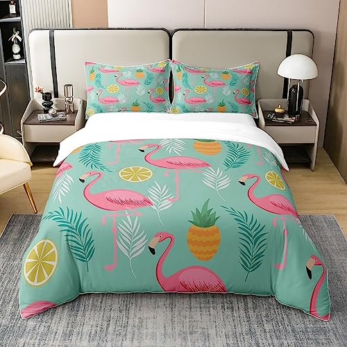 Rosa Flamingo 100% Baumwolle Bettbezug 155x220,Tropische Palmenblätter Tröster Abdeckung Grün Botanische Bettwäsche Set Zitrone Ananas Bettwäsche Sammlung Pflanzen Tier Thema Schlafzimmer Dekorativ