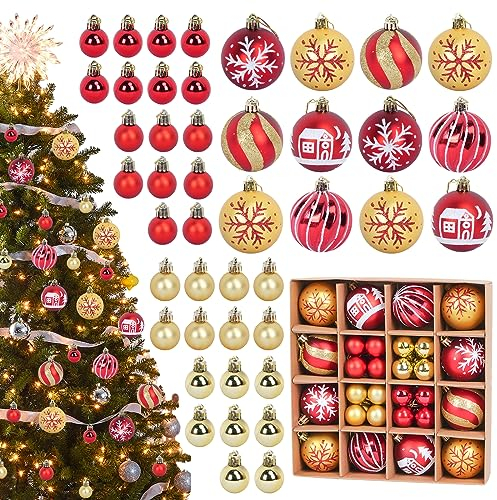 YUAENFI 44 Stücke Weihnachtskugeln Kunststoff Set Weihnachtsbaumschmuck mit Aufhänger Christbaumschmuck Kugeln Deko Christbaumkugeln Kunststoff Baumschmuck für Weihnachtsbaum Deko (Rot&Gold)