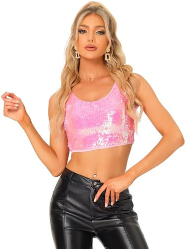 Allegra K Top corto metallico da donna per Halloween, Y2K, con paillettes, scollo rotondo, senza maniche, per feste e discoteche, rosa, L