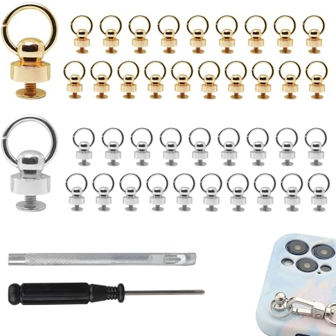 Roosea 40 Stück Nieten für Lederring mit 40 Stück Schrauben, O-Ring Kopf Button Stud, Nieten mit Ring, 8 mm Rundkopfnieten DIY mit Locher und Schraubendreher für DIY Leder Geldbörse (Gold+Silber)