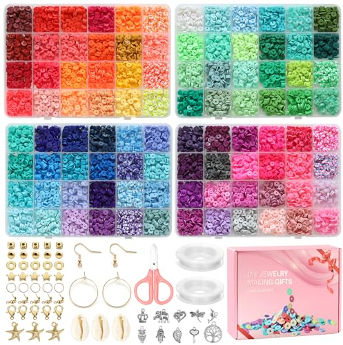Soleebee 9600 Stück Clay Perlen Auffädeln Set, 96 Farben 6mm Clay Flach Heishi Perlen mit Goldene Perlen und Anhänger Basteln für Armbänder Halsketten Ring Schmuck Selber zu Machen Charms Kit