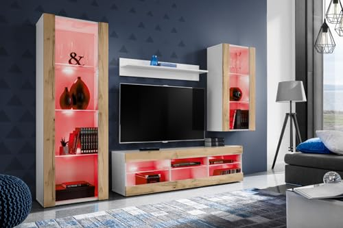 Komodee Wohnwand Wohnzimmerset Tivoli Medio, Wotan/Weiß, Breite 245cm x Höhe 159cm x Tiefe 35cm, LED RGB, für Wohnzimmer, Schlafzimmer
