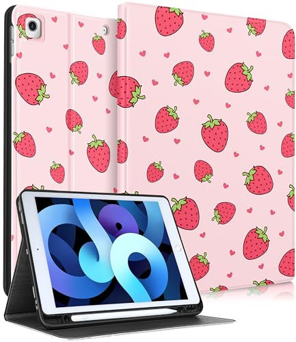 Pegmode for iPad 9th/8th/7th Generation Case Women Girls Cute Strawberry Folio Cover Girly Kawaii Pretty Teens Design With Pencil Holder Smart Cover for Apple iPad 9/8/7 Gen Cases A2602 A2270 A2197