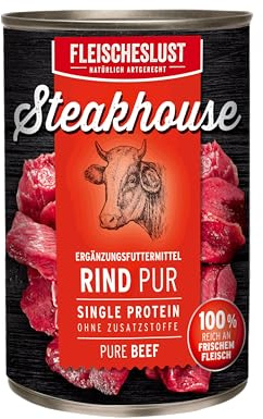 Fleischeslust Nassfutter für Hunde & Katzen | Steakhouse Rind pur (6x400g) | Reinfleisch-Dosen | Monoprotein | Ergänzungsfutter | sensitiv