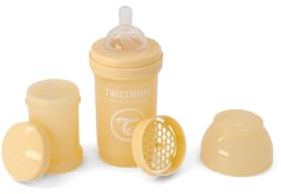 Twistshake Anti-Kolik-Babyflasche mit Milchpulverbehälter und Mixer - 180ml | Brustähnliche Nippel aus Silikon mit mittlerem Durchfluss | BPA-freie Babymilchflasche | Neugeborene (0+) | Karamellbeige