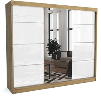 Brent - Kleiderschrank mit Spiegel Suzan, 250cm Breit, Schlafzimmerschrank mit 1 Kleiderstange und Einlegeböden für Kleidung, Kleiderschrank Artisan Eiche/Weiß Hochglanz