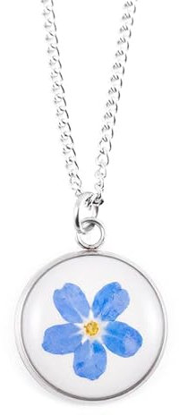 Halskette mit echter Vergissmeinnicht Blüte – Handgefertigter Anhänger an 50 cm Edelstahlkette, silberfarben | Zarter Naturschmuck & liebevolles Geschenk für Frauen