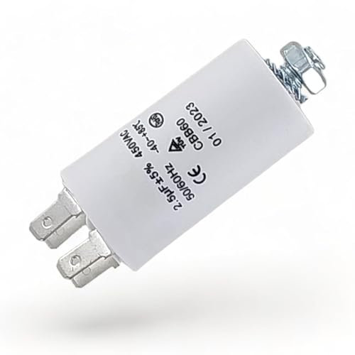 DEKAROX Condensateur universel 2,50 µF 450 V Ø 30 x 57 mm avec connecteurs AMP 6,3 mm vis de fixation M8 CBB60 Condensateur de démarrage et de course pour appareils électroménagers
