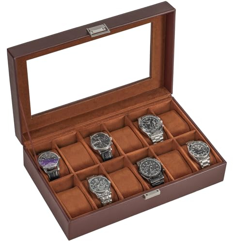ProCase Uhrenbox mit 12 Fächern, Uhrenkasten mit Glasdeckel, Uhrenkoffer mit Uhrenkissen, Uhrenaufbewahrung, Premium-Uhrenschatulle, PU-Leder Uhrenkasten, Watch Box für Herren - 12 Fächer, Braun
