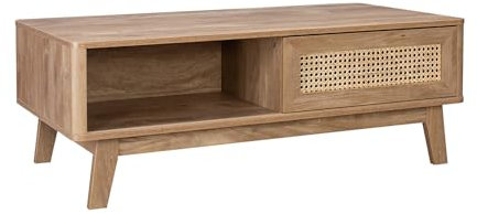 sweeek - Table Basse avec 2 niches. 1 Porte coulissante. Effet Bois et cannage. Pieds Eucalyptus