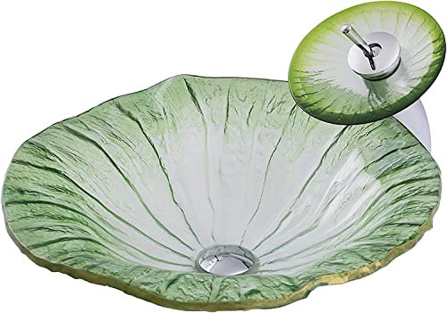 mueble lavabo sobre encimera, Lavabo De Baño Con Forma De Loto, Lavabo De Vidrio Templado Con Forma De Loto, Lavabo Sobre Encimera De Arte Moderno Con Grifo De Cascada Y Combinación De Drenaje